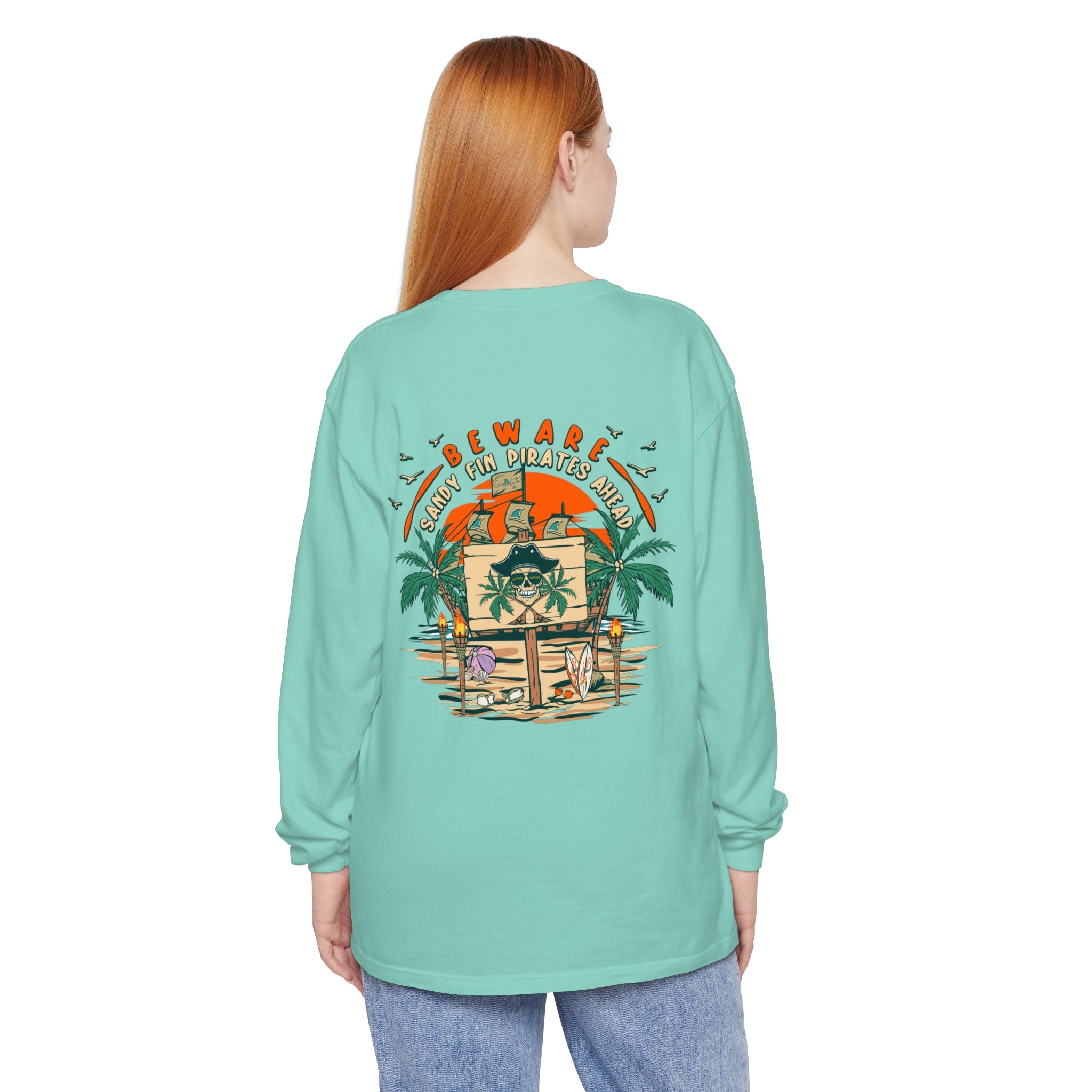 Beware Sandy Fin Pirates Ahead Unisex Long Sleeve Beach Tee