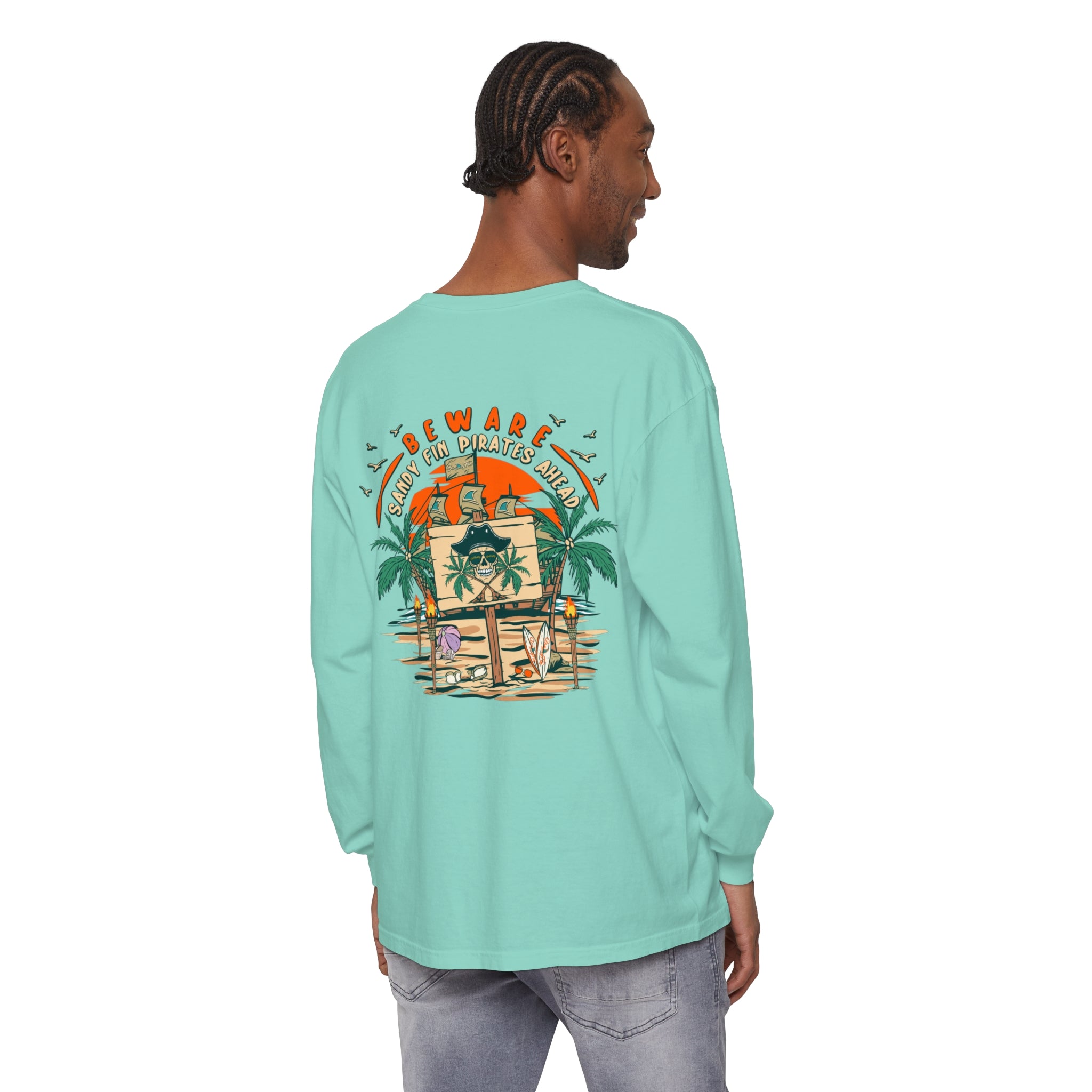 Beware Sandy Fin Pirates Ahead Unisex Long Sleeve Beach Tee