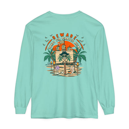 Beware Sandy Fin Pirates Ahead Unisex Long Sleeve Beach Tee