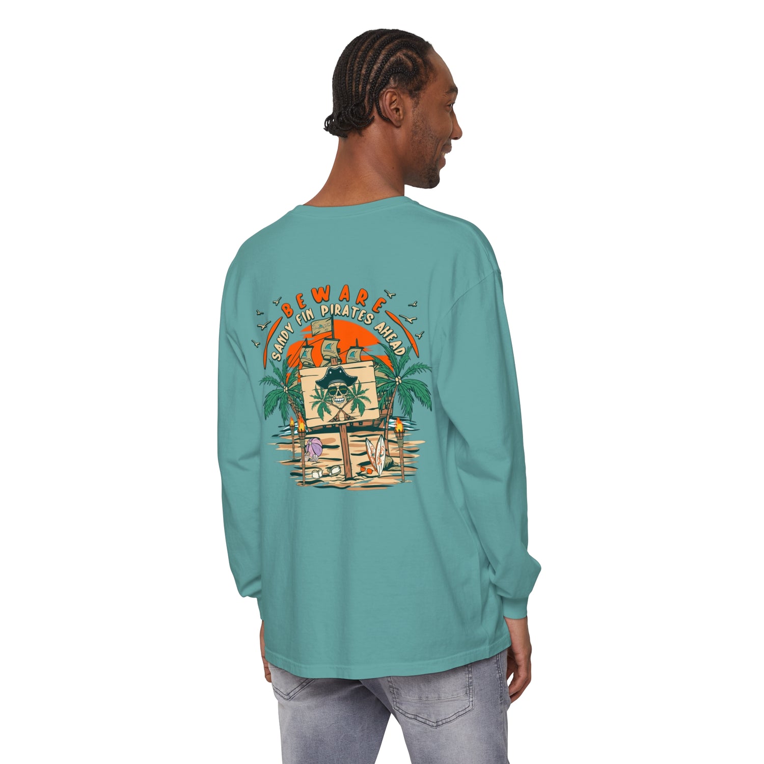 Beware Sandy Fin Pirates Ahead Unisex Long Sleeve Beach Tee