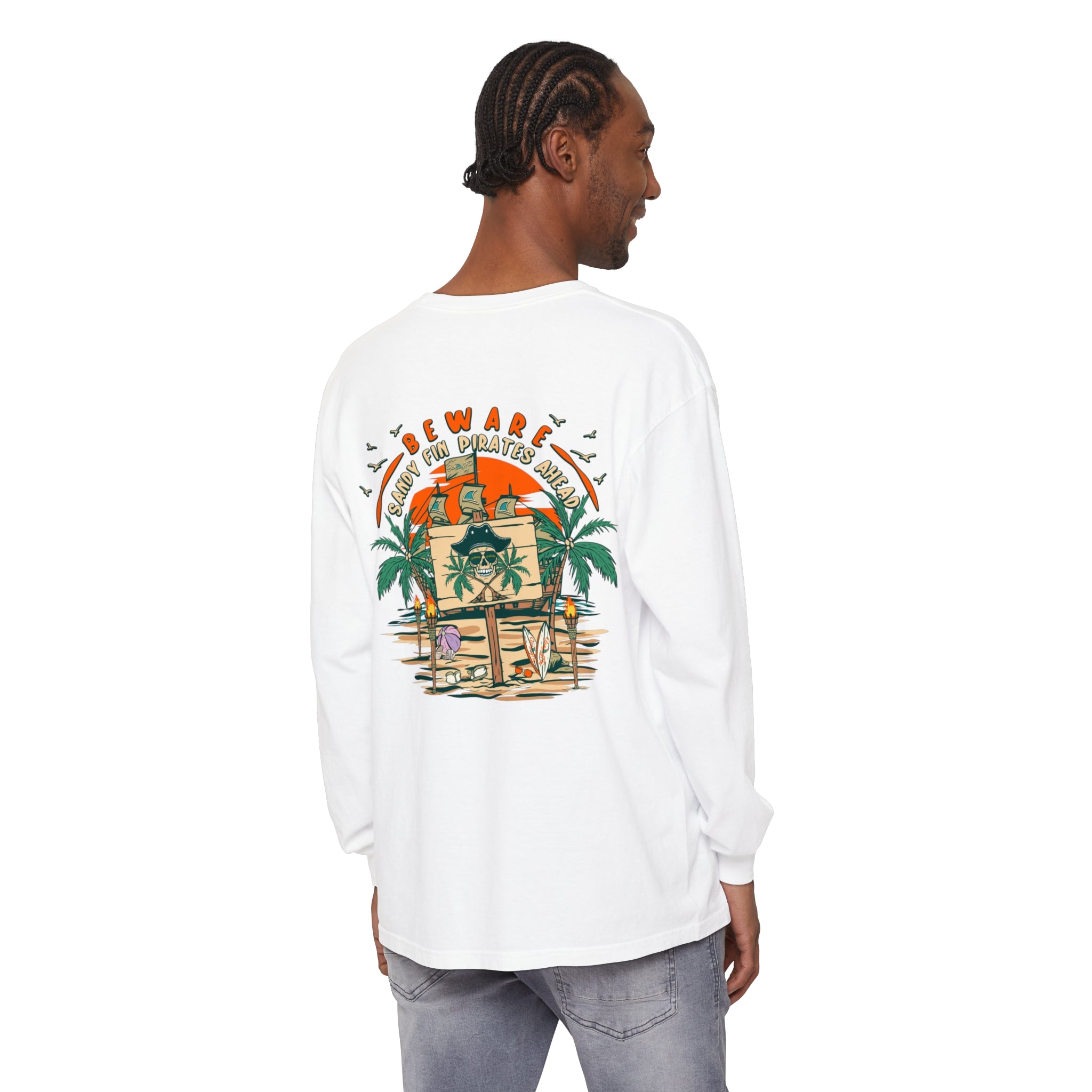 Beware Sandy Fin Pirates Ahead Unisex Long Sleeve Beach Tee