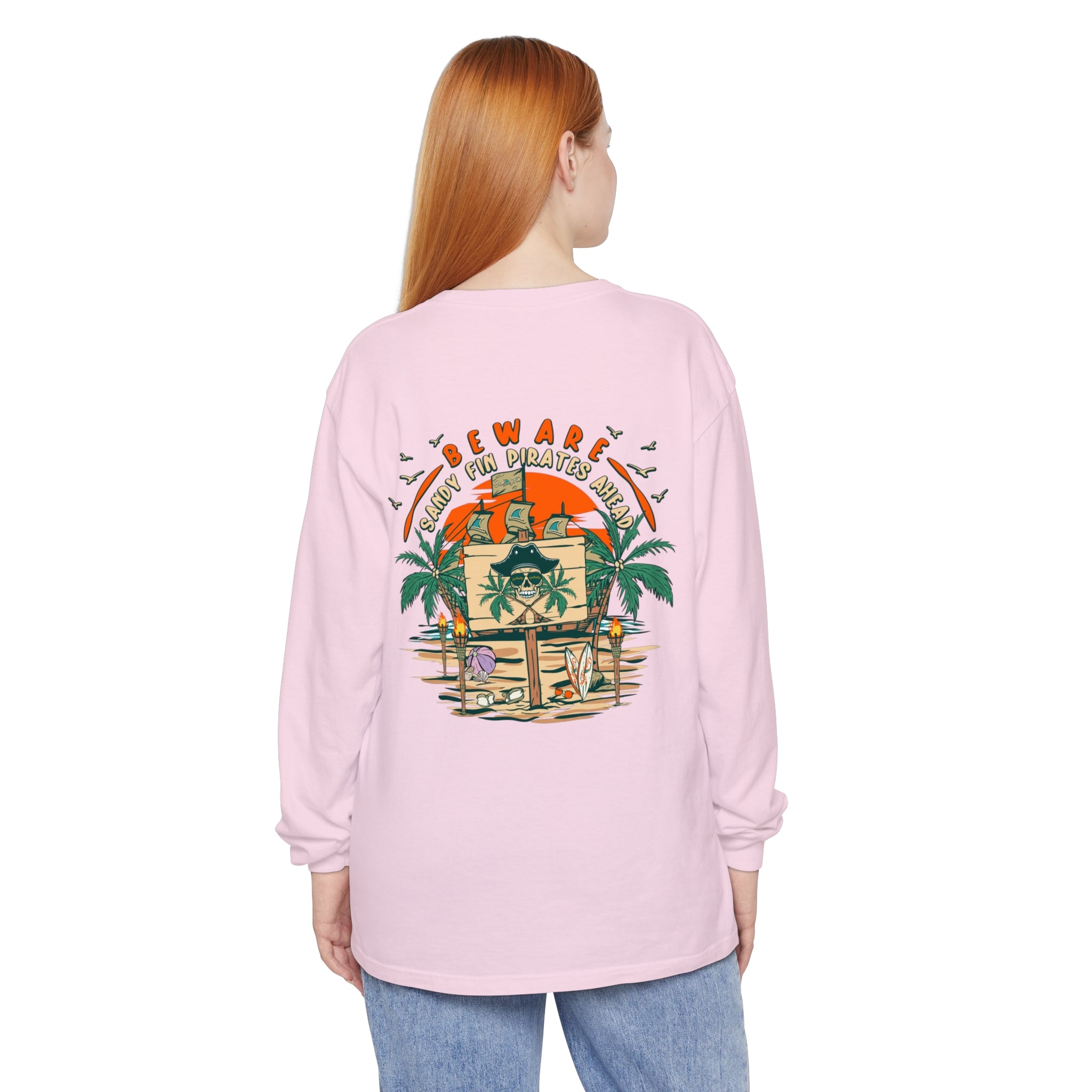 Beware Sandy Fin Pirates Ahead Unisex Long Sleeve Beach Tee