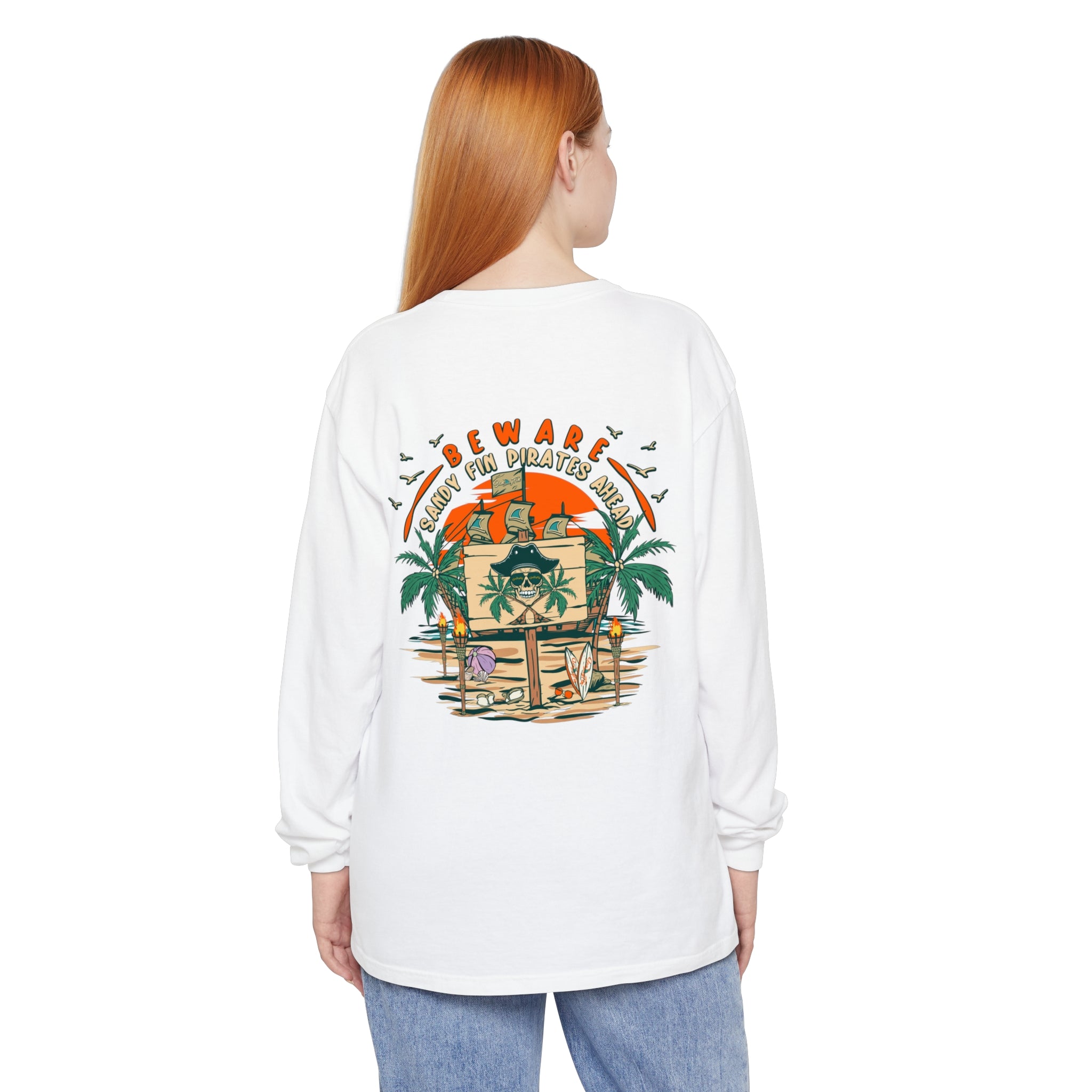 Beware Sandy Fin Pirates Ahead Unisex Long Sleeve Beach Tee