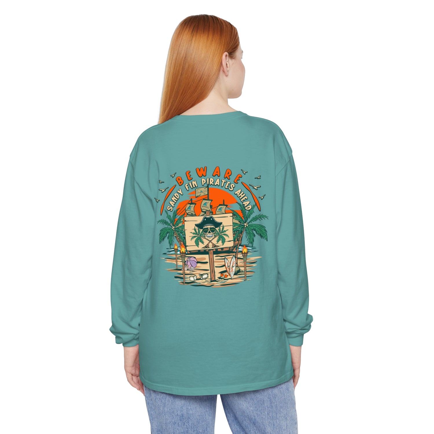 Beware Sandy Fin Pirates Ahead Unisex Long Sleeve Beach Tee