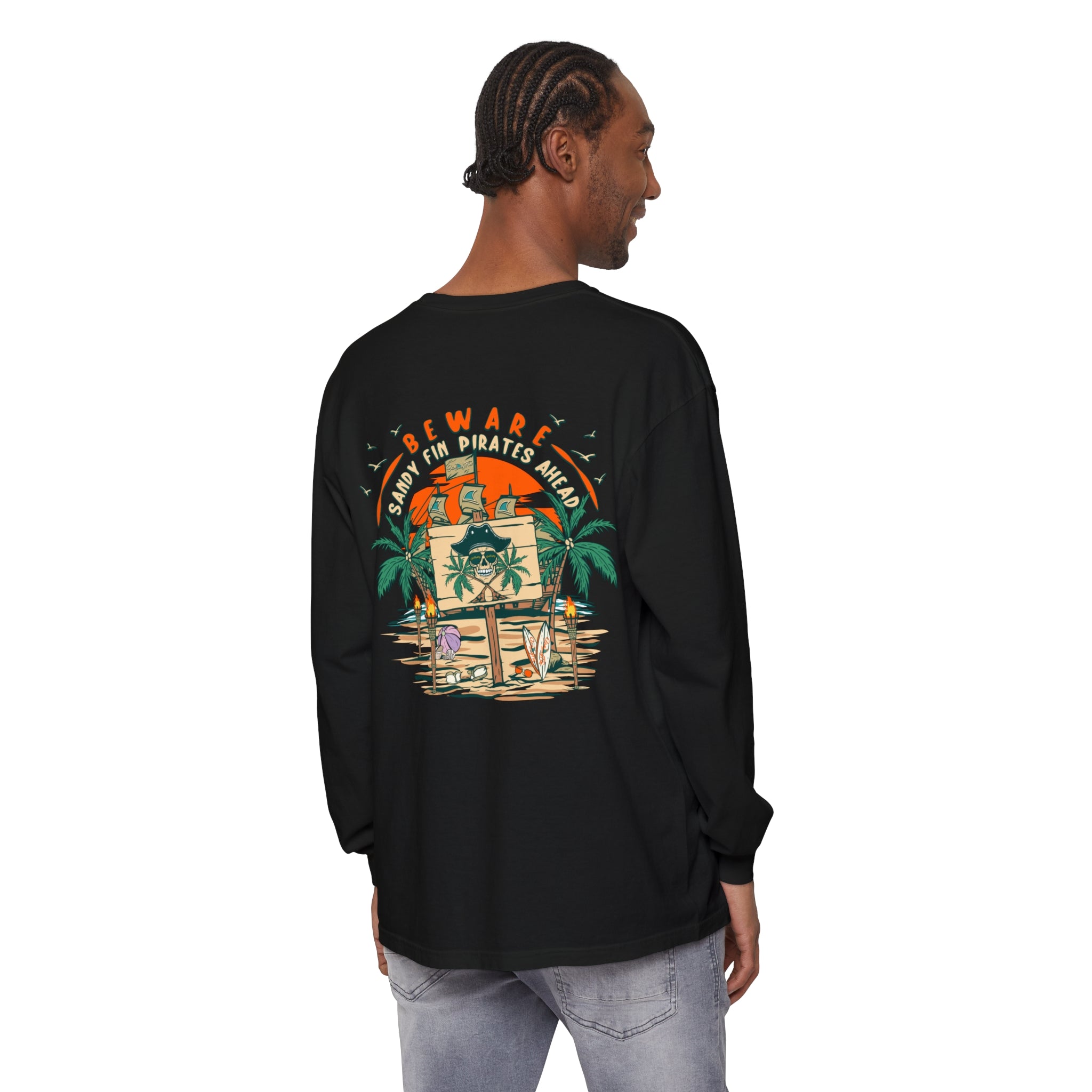 Beware Sandy Fin Pirates Ahead Unisex Long Sleeve Beach Tee